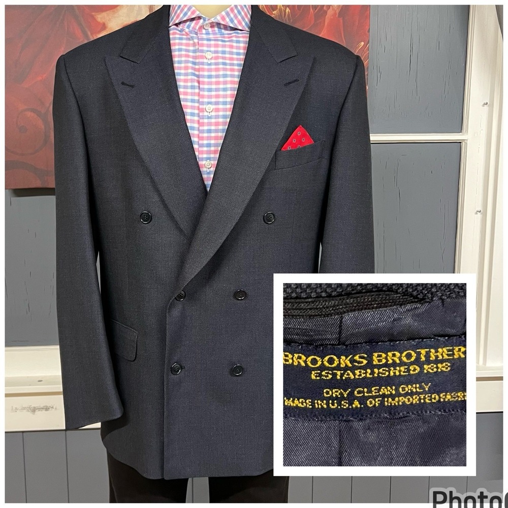 Vintage Brooks Brothers Double Breasted Blazer Mens 45L Long Wool Navy Ventless